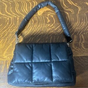 Stylish Black Leather Quilted Puffy Flap Over Large Shoulder Bag